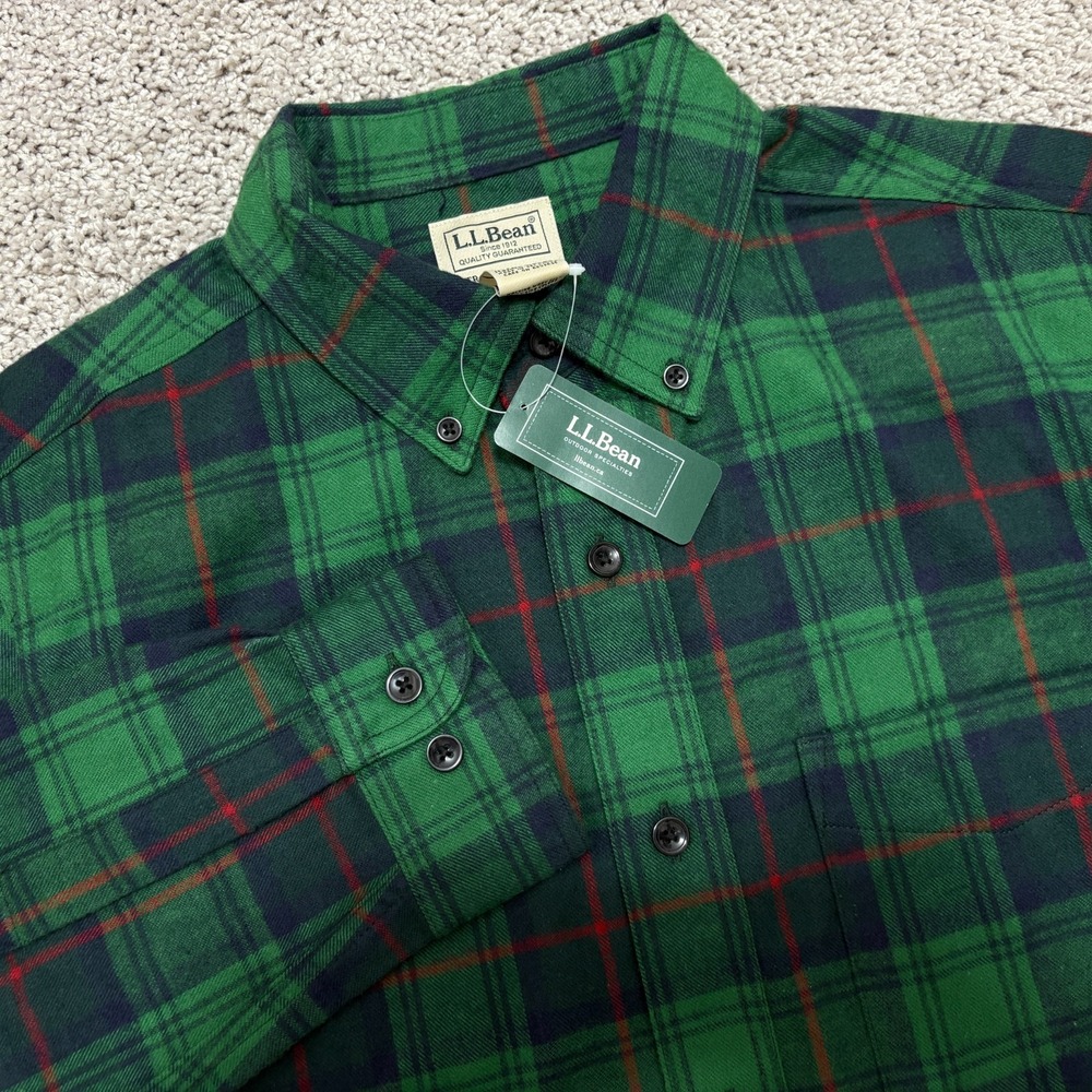 NWT LL Bean Flannel Shirt Traditional Fit Scotch Plaid Chemise Green Mens S-Reg